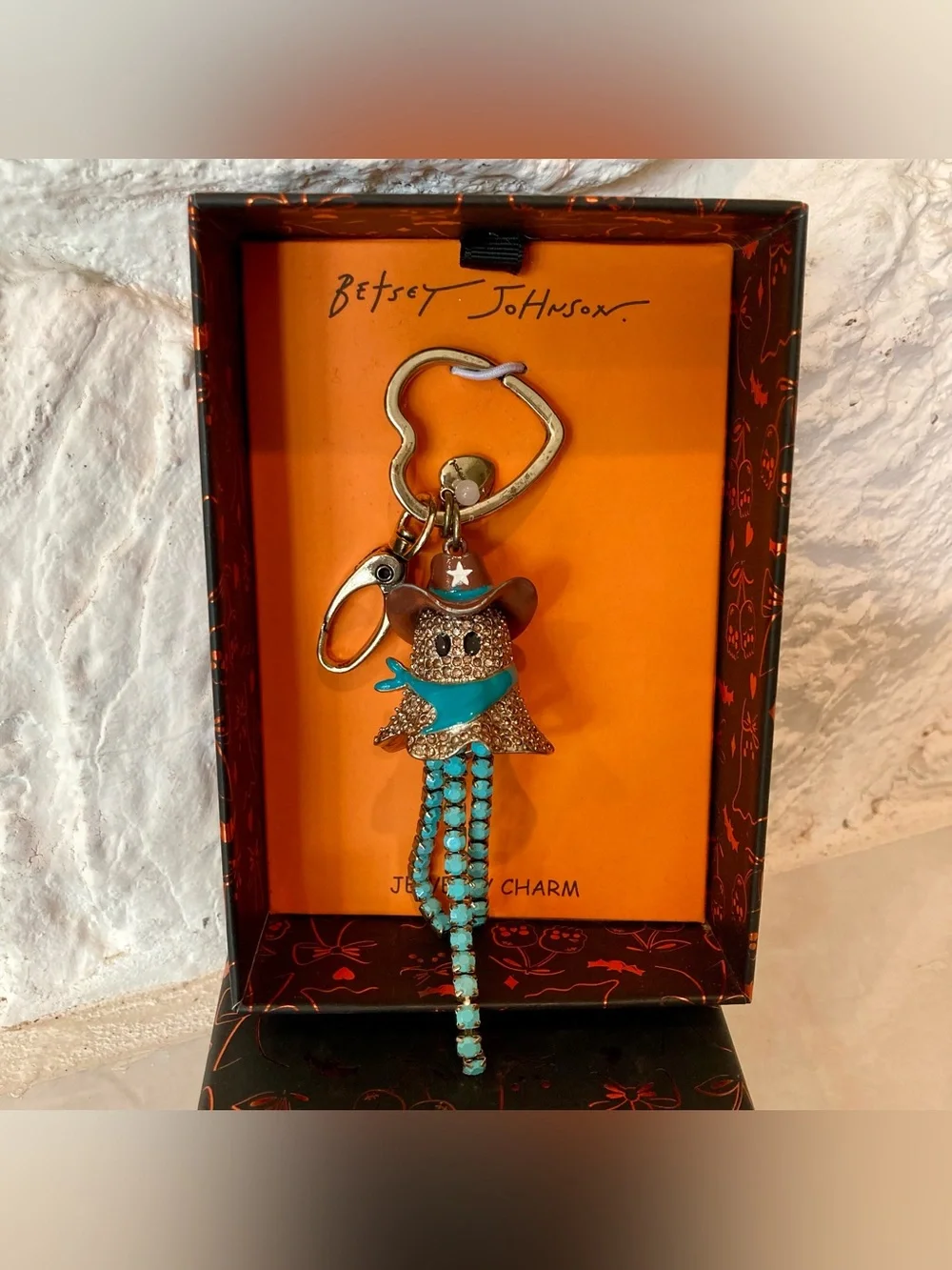 NWT and box Betsey Johnson spooky sheriff cowboy ghost bag charm and keychain.